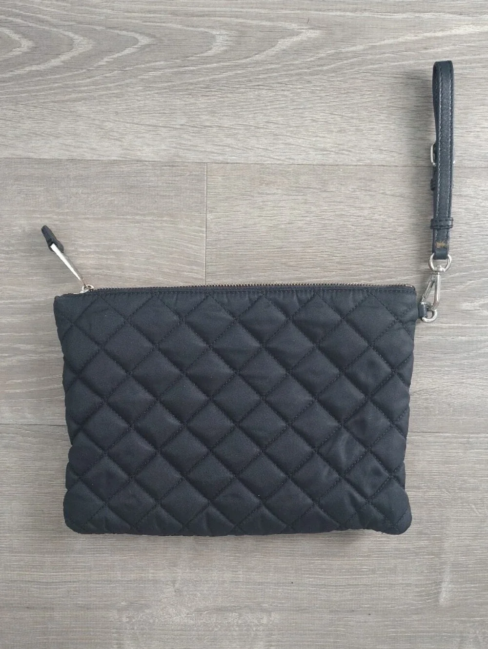 Moschino Black Quilted Logo Wristlet with Silver Accents